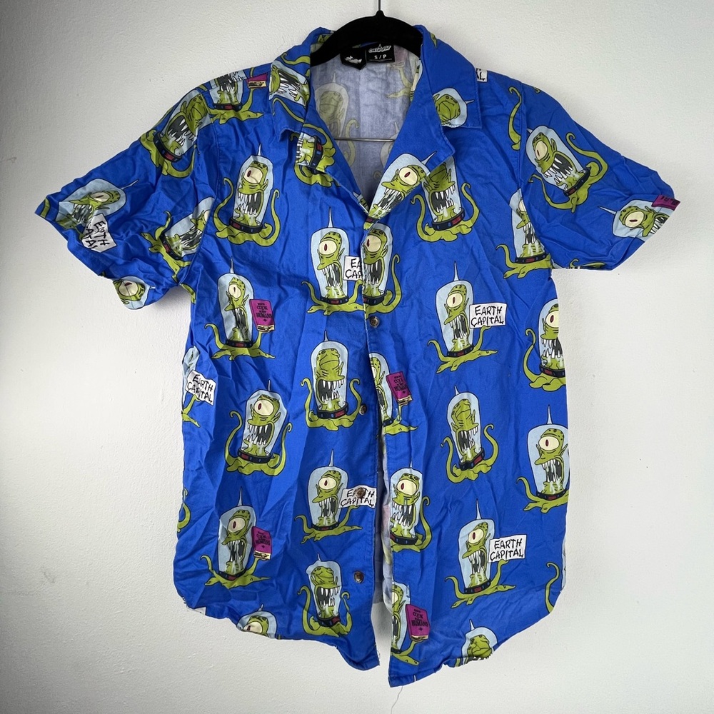 Cakeworthy x The Simpsons Kang & Kodos Button-Up Shirt Mens Small Blue Alien